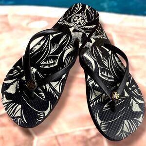 Women's Size 8 TORY BURCH Tropical Palm Print Black White Flip Flops EUC